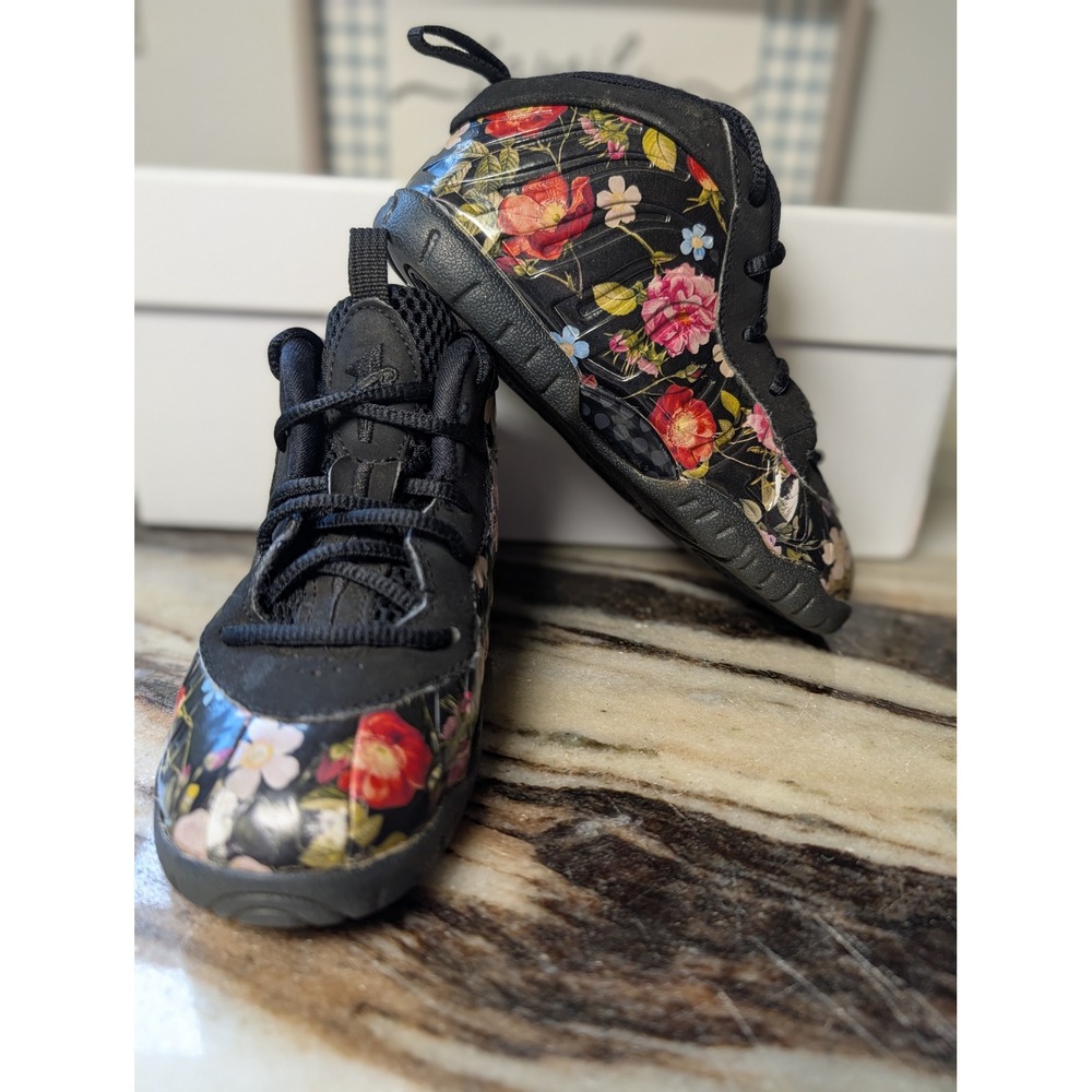 Nike Little Posite One Floral Black University Red AT8250-001 Kids Size 10C